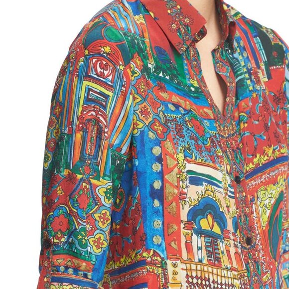 Alice + Olivia Cal Button-down Silk Shirt In Havana Town Size XS - Picture 6 of 9